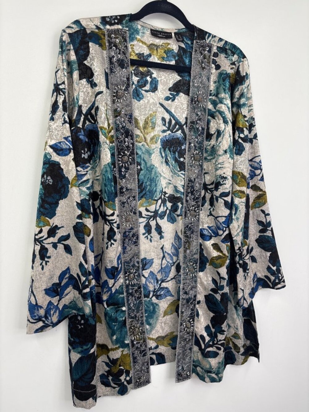 Susan Graver Artisan Collection Jacquard Beaded Kimono Open Cardigan Teal Large - Picture 2 of 6